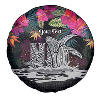 Personalised Hawaii Spare Tire Cover Humpback Whale Tattoo With Tropical Flowers Black LT14 - Polynesian Pride