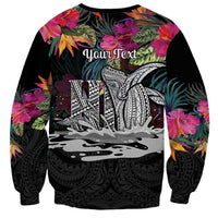 Personalised Hawaii Sweatshirt Humpback Whale Tattoo With Tropical Flowers Black LT14 - Polynesian Pride