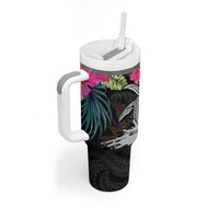 Personalised Hawaii Tumbler With Handle Humpback Whale Tattoo With Tropical Flowers Black LT14 - Polynesian Pride