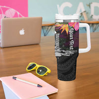 Personalised Hawaii Tumbler With Handle Humpback Whale Tattoo With Tropical Flowers Black LT14 - Polynesian Pride