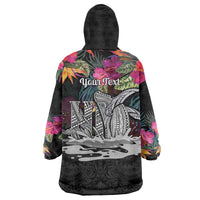 Personalised Hawaii Wearable Blanket Hoodie Humpback Whale Tattoo With Tropical Flowers Black LT14 - Polynesian Pride