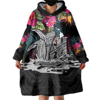 Personalised Hawaii Wearable Blanket Hoodie Humpback Whale Tattoo With Tropical Flowers Black LT14 - Polynesian Pride