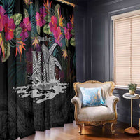 Personalised Hawaii Window Curtain Humpback Whale Tattoo With Tropical Flowers Black LT14 - Polynesian Pride