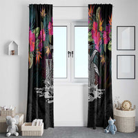 Personalised Hawaii Window Curtain Humpback Whale Tattoo With Tropical Flowers Black LT14 - Polynesian Pride