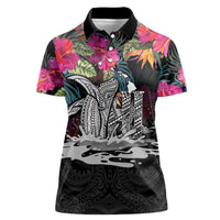 Personalised Hawaii Women Polo Shirt Humpback Whale Tattoo With Tropical Flowers Black LT14 Female Black - Polynesian Pride