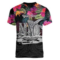 Personalised Hawaii Women V-Neck T-Shirt Humpback Whale Tattoo With Tropical Flowers Black LT14 - Polynesian Pride