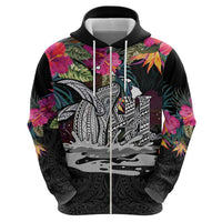 Personalised Hawaii Zip Hoodie Humpback Whale Tattoo With Tropical Flowers Black LT14 - Polynesian Pride