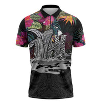 Personalised Hawaii Zipper Polo Shirt Humpback Whale Tattoo With Tropical Flowers Black LT14 Black - Polynesian Pride