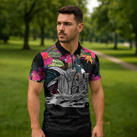 Personalised Hawaii Zipper Polo Shirt Humpback Whale Tattoo With Tropical Flowers Black LT14 - Polynesian Pride