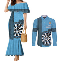 Personalised Fiji Darts Couples Matching Mermaid Dress and Long Sleeve Button Shirt Fijian Tapa Pattern - Blue LT14 Blue - Polynesian Pride