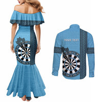 Personalised Fiji Darts Couples Matching Mermaid Dress and Long Sleeve Button Shirt Fijian Tapa Pattern - Blue LT14 - Polynesian Pride