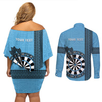 Personalised Fiji Darts Couples Matching Off Shoulder Short Dress and Long Sleeve Button Shirt Fijian Tapa Pattern - Blue LT14 - Polynesian Pride
