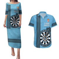 Personalised Fiji Darts Couples Matching Puletasi and Hawaiian Shirt Fijian Tapa Pattern - Blue LT14 Blue - Polynesian Pride