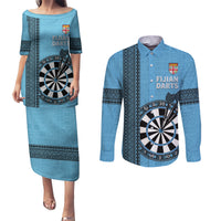 Personalised Fiji Darts Couples Matching Puletasi and Long Sleeve Button Shirt Fijian Tapa Pattern - Blue LT14 Blue - Polynesian Pride