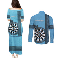 Personalised Fiji Darts Couples Matching Puletasi and Long Sleeve Button Shirt Fijian Tapa Pattern - Blue LT14 - Polynesian Pride
