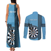 Personalised Fiji Darts Couples Matching Tank Maxi Dress and Long Sleeve Button Shirt Fijian Tapa Pattern - Blue