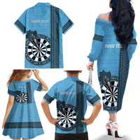 Personalised Fiji Darts Family Matching Off The Shoulder Long Sleeve Dress and Hawaiian Shirt Fijian Tapa Pattern - Blue