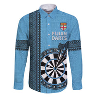 Personalised Fiji Darts Family Matching Summer Maxi Dress and Hawaiian Shirt Fijian Tapa Pattern - Blue LT14 Dad's Shirt - Long Sleeve Blue - Polynesian Pride