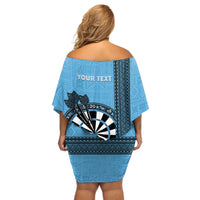 Personalised Fiji Darts Off Shoulder Short Dress Fijian Tapa Pattern - Blue LT14 - Polynesian Pride