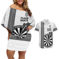 Personalised Fiji Darts Couples Matching Off Shoulder Short Dress and Hawaiian Shirt Fijian Tapa Pattern - White LT14 White - Polynesian Pride