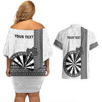 Personalised Fiji Darts Couples Matching Off Shoulder Short Dress and Hawaiian Shirt Fijian Tapa Pattern - White LT14 - Polynesian Pride