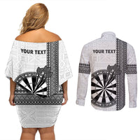 Personalised Fiji Darts Couples Matching Off Shoulder Short Dress and Long Sleeve Button Shirt Fijian Tapa Pattern - White LT14 - Polynesian Pride