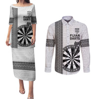 Personalised Fiji Darts Couples Matching Puletasi and Long Sleeve Button Shirt Fijian Tapa Pattern - White
