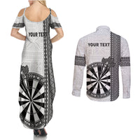 Personalised Fiji Darts Couples Matching Summer Maxi Dress and Long Sleeve Button Shirt Fijian Tapa Pattern - White