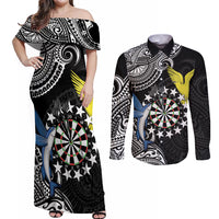 Personalised Cook Islands Darts Couples Matching Off Shoulder Maxi Dress and Long Sleeve Button Shirt Kuki Airani Tribal Pattern LT14 Black - Polynesian Pride