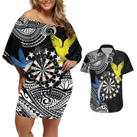 Personalised Cook Islands Darts Couples Matching Off Shoulder Short Dress and Hawaiian Shirt Kuki Airani Tribal Pattern LT14 Black - Polynesian Pride