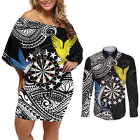 Personalised Cook Islands Darts Couples Matching Off Shoulder Short Dress and Long Sleeve Button Shirt Kuki Airani Tribal Pattern LT14 Black - Polynesian Pride