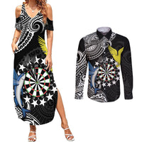 Personalised Cook Islands Darts Couples Matching Summer Maxi Dress and Long Sleeve Button Shirt Kuki Airani Tribal Pattern LT14 Black - Polynesian Pride