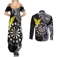 Personalised Cook Islands Darts Couples Matching Summer Maxi Dress and Long Sleeve Button Shirt Kuki Airani Tribal Pattern LT14 - Polynesian Pride