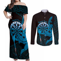 Aloha Hawaii Darts Couples Matching Off Shoulder Maxi Dress and Long Sleeve Button Shirt Dart Board With Polynesian Shark - Blue LT14 Blue - Polynesian Pride