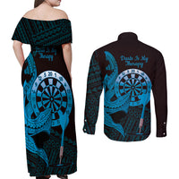 Aloha Hawaii Darts Couples Matching Off Shoulder Maxi Dress and Long Sleeve Button Shirt Dart Board With Polynesian Shark - Blue LT14 - Polynesian Pride
