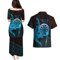 Aloha Hawaii Darts Couples Matching Puletasi and Hawaiian Shirt Dart Board With Polynesian Shark - Blue LT14 - Polynesian Pride