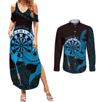 Aloha Hawaii Darts Couples Matching Summer Maxi Dress and Long Sleeve Button Shirt Dart Board With Polynesian Shark - Blue LT14 Blue - Polynesian Pride