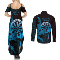 Aloha Hawaii Darts Couples Matching Summer Maxi Dress and Long Sleeve Button Shirt Dart Board With Polynesian Shark - Blue LT14 - Polynesian Pride