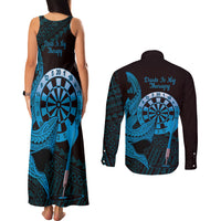 Aloha Hawaii Darts Couples Matching Tank Maxi Dress and Long Sleeve Button Shirt Dart Board With Polynesian Shark - Blue LT14 - Polynesian Pride