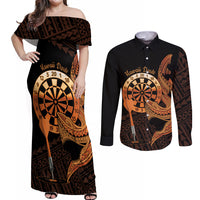 Aloha Hawaii Darts Couples Matching Off Shoulder Maxi Dress and Long Sleeve Button Shirt Dart Board With Polynesian Shark - Gold LT14 Gold - Polynesian Pride