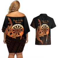 Aloha Hawaii Darts Couples Matching Off Shoulder Short Dress and Hawaiian Shirt Dart Board With Polynesian Shark - Gold LT14 - Polynesian Pride