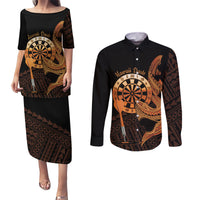 Aloha Hawaii Darts Couples Matching Puletasi and Long Sleeve Button Shirt Dart Board With Polynesian Shark - Gold LT14 Gold - Polynesian Pride