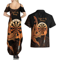 Aloha Hawaii Darts Couples Matching Summer Maxi Dress and Hawaiian Shirt Dart Board With Polynesian Shark - Gold LT14 - Polynesian Pride