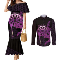 Aloha Hawaii Darts Couples Matching Mermaid Dress and Long Sleeve Button Shirt Dart Board With Polynesian Shark - Purple LT14 Purple - Polynesian Pride