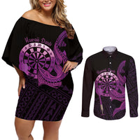 Aloha Hawaii Darts Couples Matching Off Shoulder Short Dress and Long Sleeve Button Shirt Dart Board With Polynesian Shark - Purple LT14 Purple - Polynesian Pride