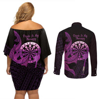 Aloha Hawaii Darts Couples Matching Off Shoulder Short Dress and Long Sleeve Button Shirt Dart Board With Polynesian Shark - Purple LT14 - Polynesian Pride