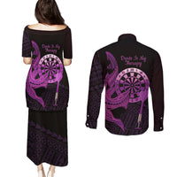 Aloha Hawaii Darts Couples Matching Puletasi and Long Sleeve Button Shirt Dart Board With Polynesian Shark - Purple LT14 - Polynesian Pride