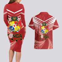 Tonga Darts Couples Matching Long Sleeve Bodycon Dress and Hawaiian Shirt Tongan Ngatu Pattern