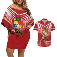 Tonga Darts Couples Matching Off Shoulder Short Dress and Hawaiian Shirt Tongan Ngatu Pattern LT14 Red - Polynesian Pride