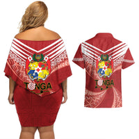 Tonga Darts Couples Matching Off Shoulder Short Dress and Hawaiian Shirt Tongan Ngatu Pattern LT14 - Polynesian Pride